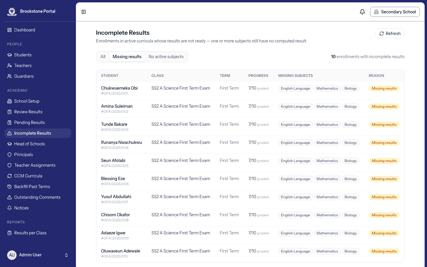 Brookstone Portal — academic records & results screenshot 5